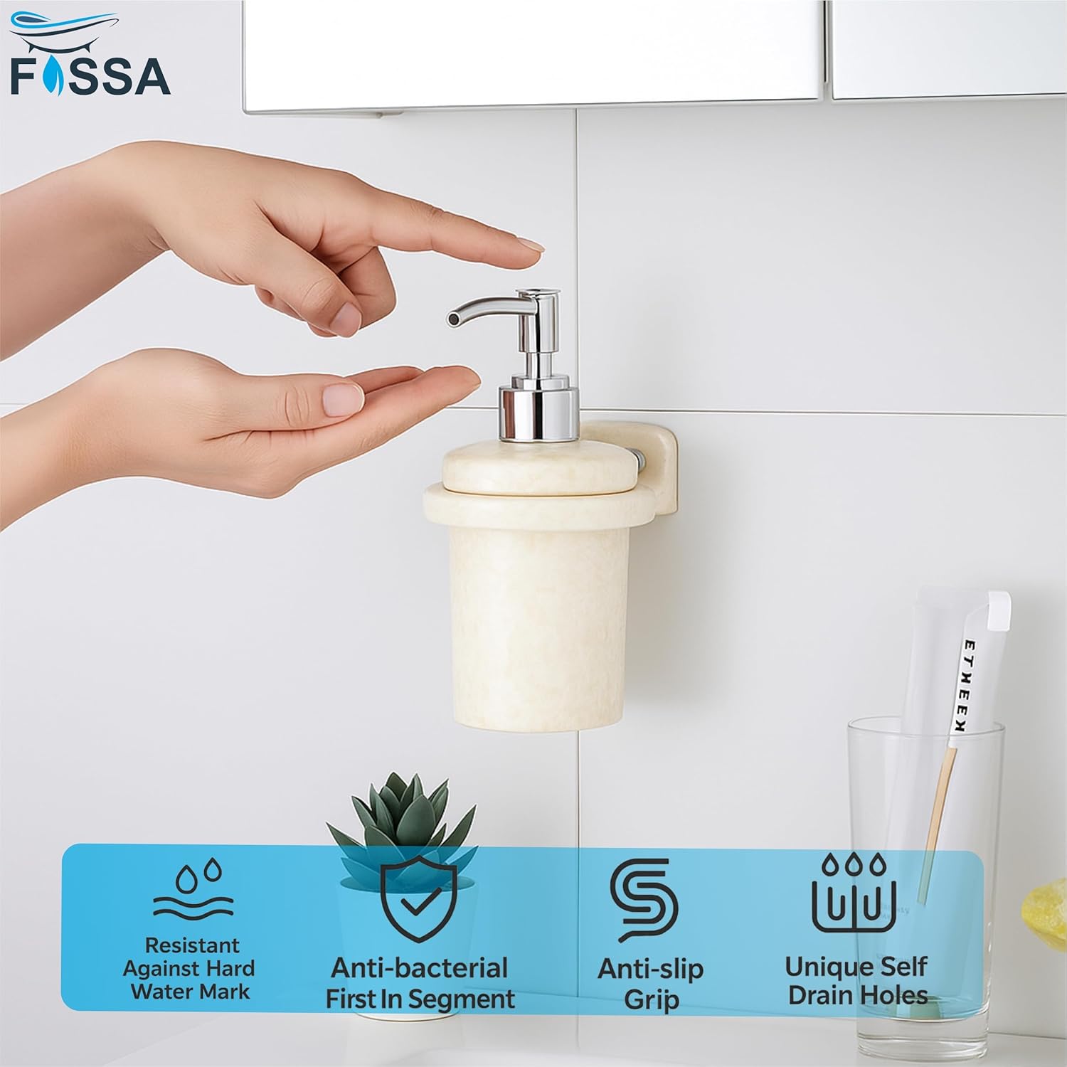 Fossa Classy Soap Dispenser for Bathroom & Kitchen – Wall Mounted Dispenser for Hand Wash & Face Wash | Ceramic Body Ivory (Glossy Finish)-1