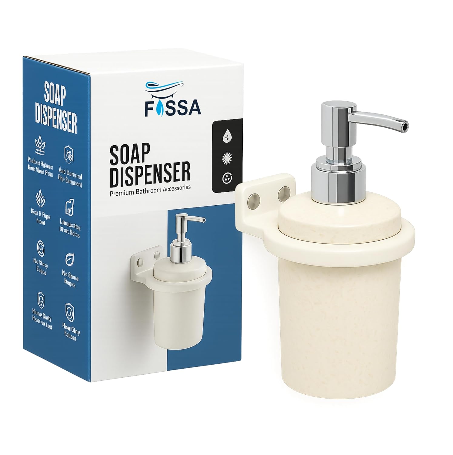 Fossa Classy Soap Dispenser for Bathroom & Kitchen – Wall Mounted Dispenser for Hand Wash & Face Wash | Ceramic Body Ivory (Glossy Finish)-0